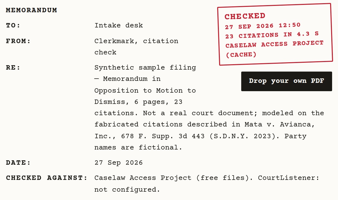 The memo heading for the synthetic sample filing, with a red CHECKED stamp that counts 23 citations.