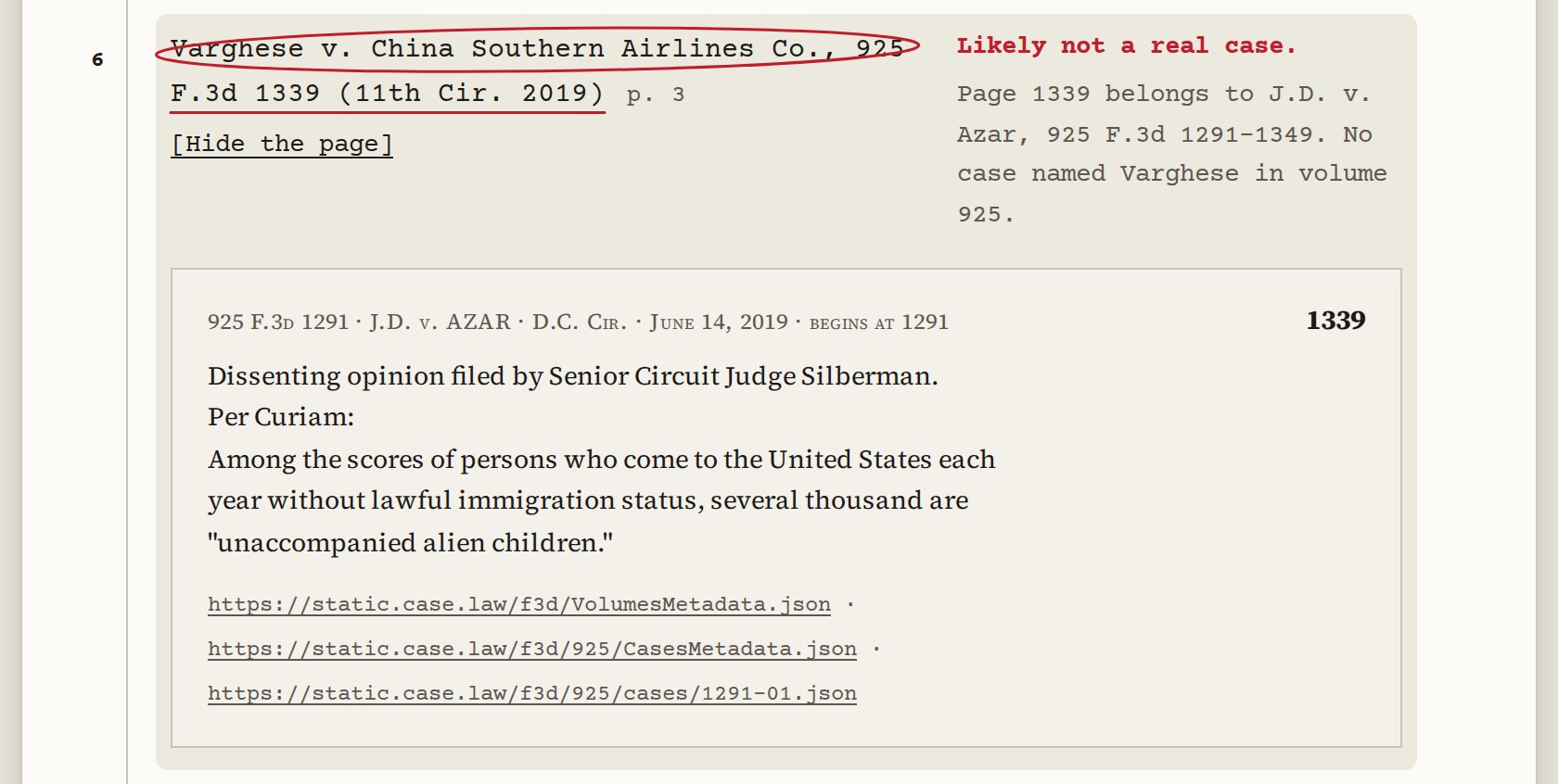 A memo row marked likely not a real case, with the reporter page open underneath showing that the cited page belongs to a different case.