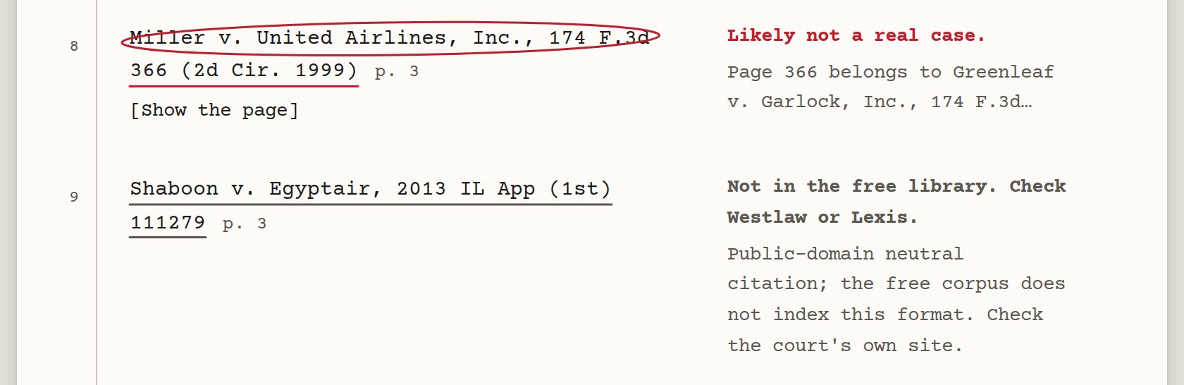 Two memo rows: one circled in red and marked likely not a real case, the next underlined in pencil and marked not in the free library.